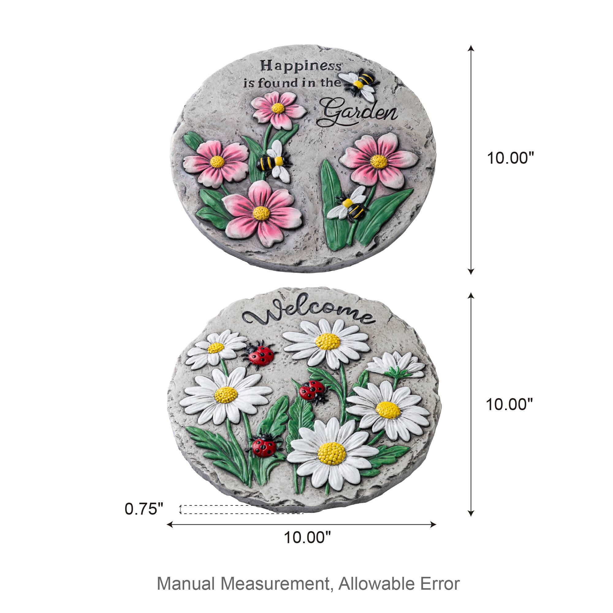 Glitzhome® 10" Set of 2 Cement Ladybug and Bee Flower Textured Stepping Stones